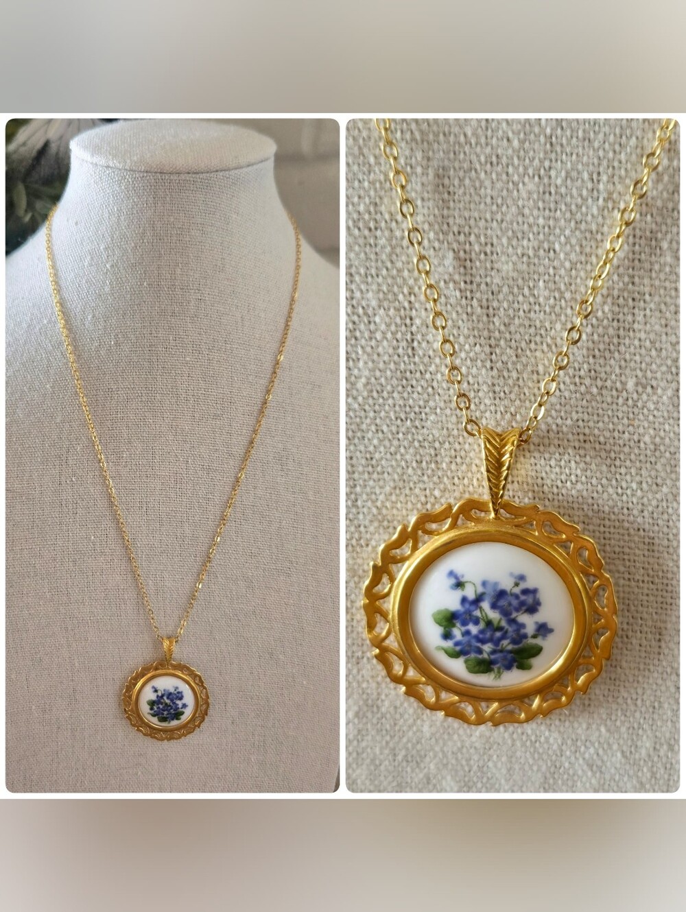 Vtg Mid Cent. Hand Painted Hammersley Pendant Necklace Victorian Violets, SIGNED